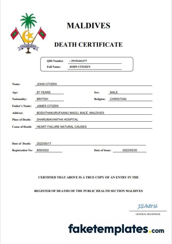 fake Maldives vital record death certificate download Word and PDF template