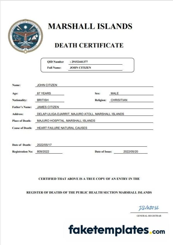 fake Marshall Islands vital record death certificate download Word and PDF template