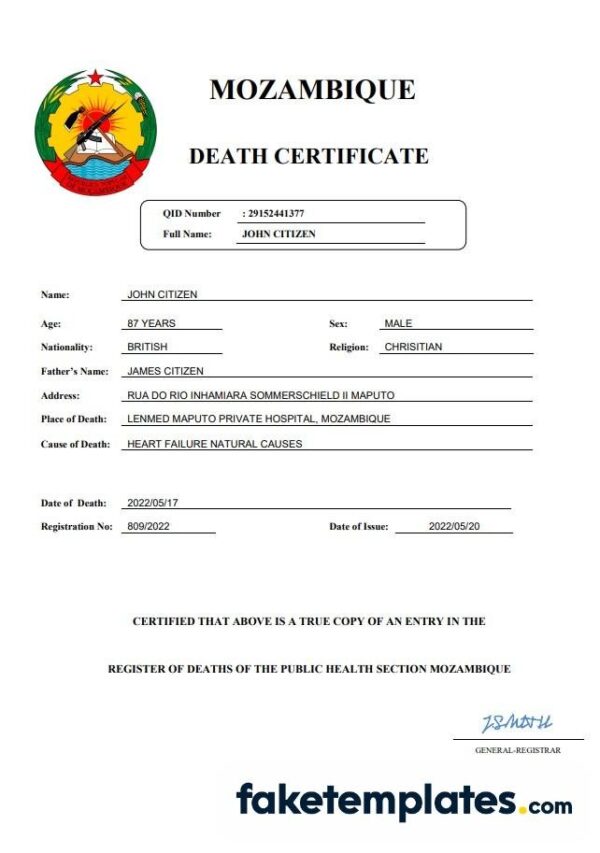 fake Mozambique vital record death certificate download Word and PDF template