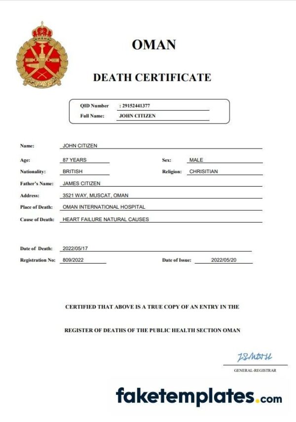 fake Oman vital record death certificate download Word and PDF template