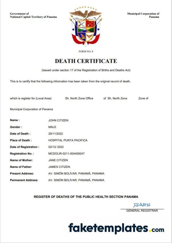 fake Panama death certificate download Word and PDF template | completely editable