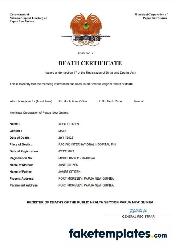 fake Papua New Guinea vital record death certificate download Word and PDF template