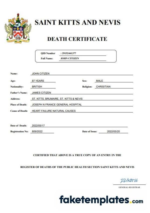 fake Saint Kitts and Nevis vital record death certificate download Word and PDF template