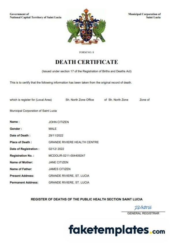 fake Saint Lucia death certificate download Word and PDF template | completely editable