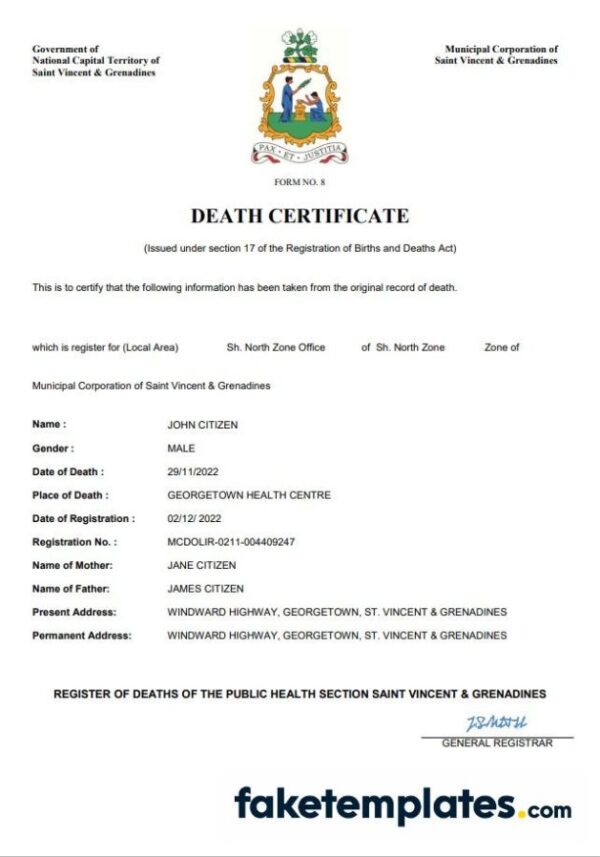 fake Saint Vincent and the Grenadines vital record death certificate download Word and PDF template