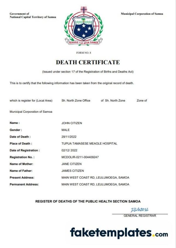 fake Samoa death certificate download Word and PDF template | completely editable