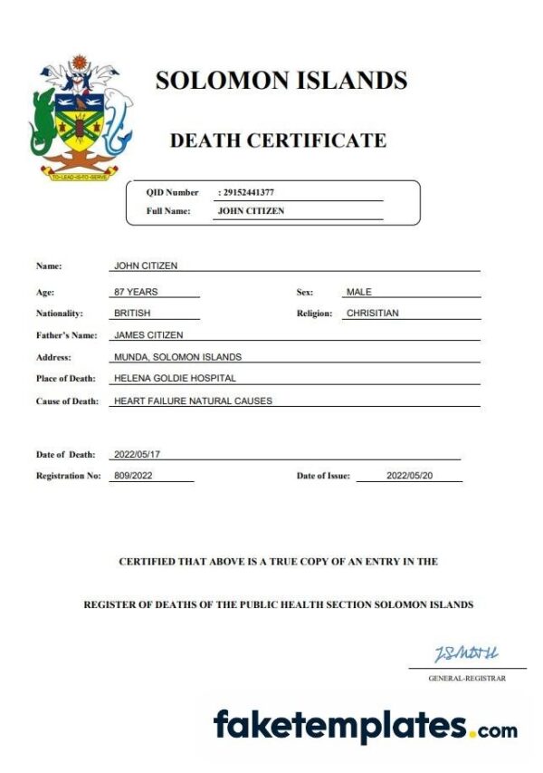 fake Solomon Islands vital record death certificate download Word and PDF template