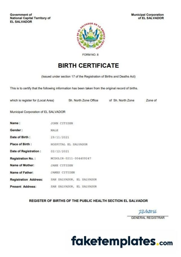 fake El Salvador vital record birth certificate download Word and PDF template | completely editable