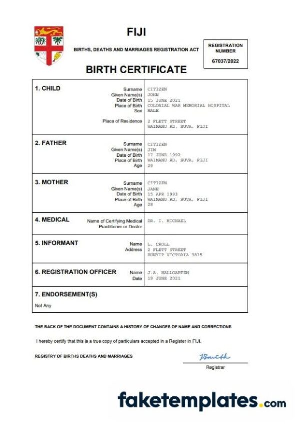 fake Fiji birth certificate download Word and PDF template | completely editable