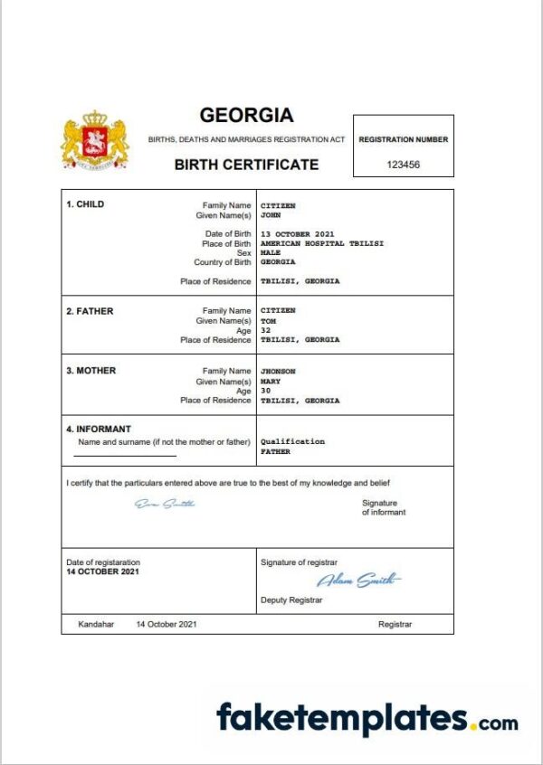 fake Georgia vital record birth certificate download PSD template