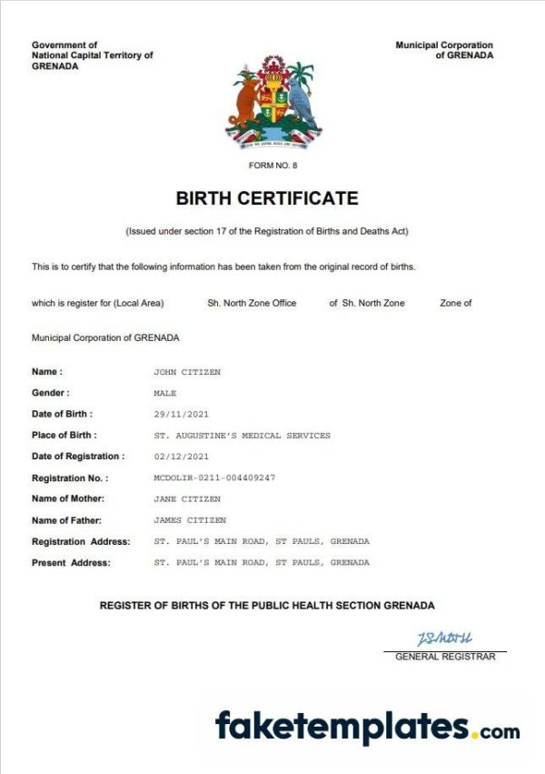 fake Grenada vital record birth certificate download Word and PDF template | completely editable