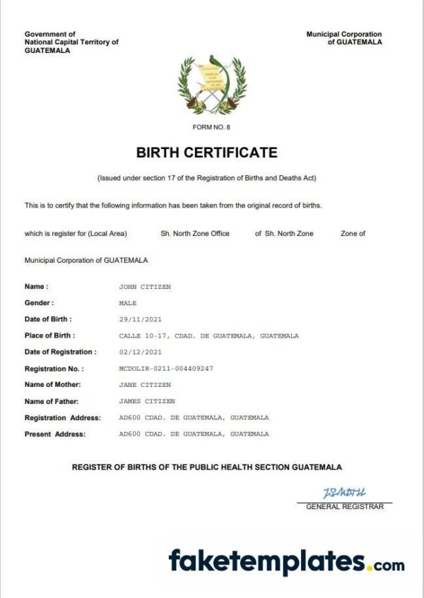 fake Guatemala birth certificate download Word and PDF template | completely editable