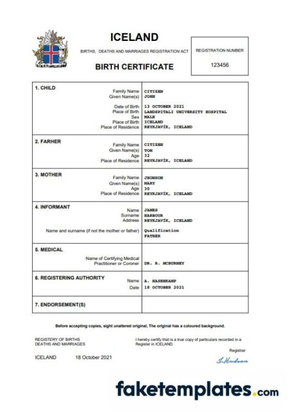 fake Iceland birth certificate download Word and PDF template | completely editable