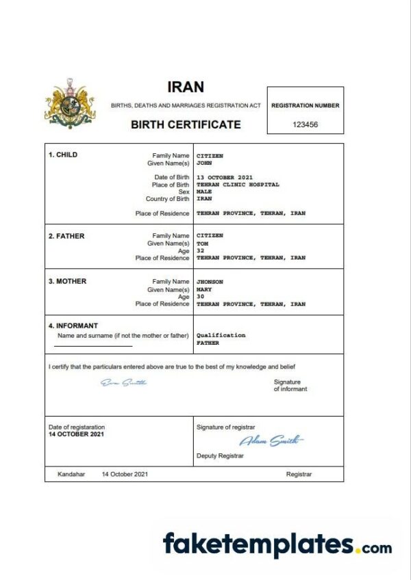 fake Iran vital record birth certificate download Word and PDF template | completely editable