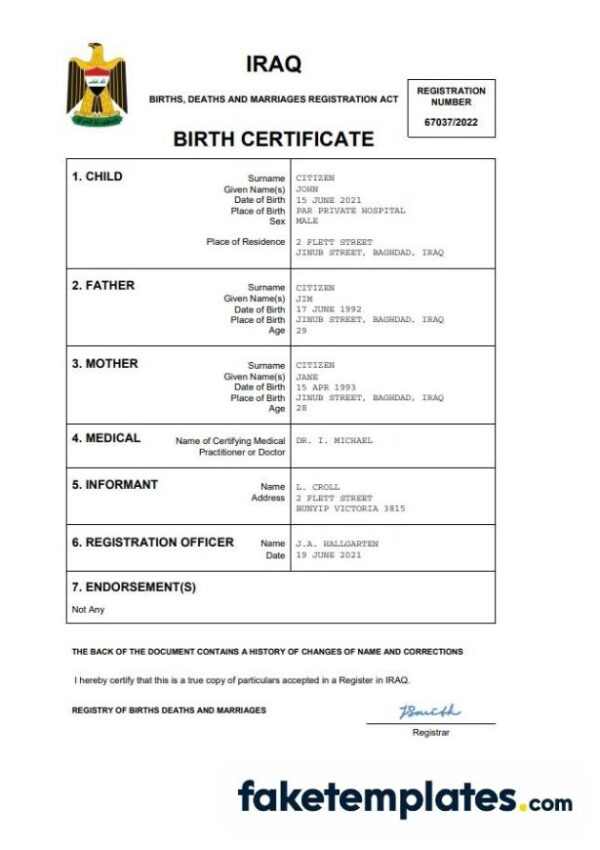 fake Iraq birth certificate download Word and PDF template | completely editable