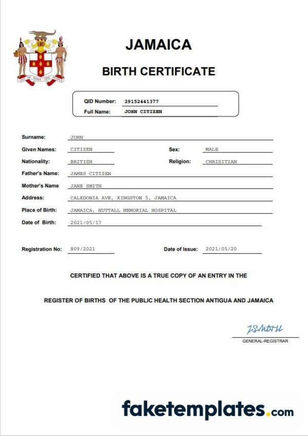 fake Jamaica vital record birth certificate download Word and PDF template | completely editable