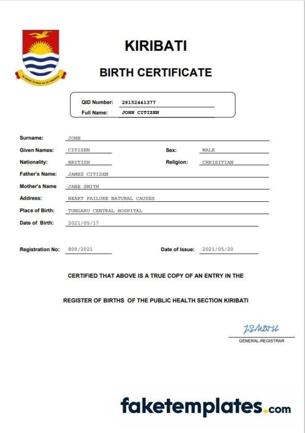 fake Kiribati birth certificate download Word and PDF template | completely editable