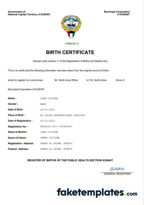 fake Kuwait vital record birth certificate download Word and PDF template | completely editable