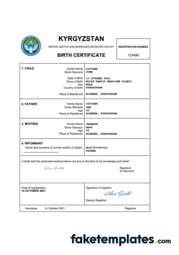 fake Kyrgyzstan birth certificate download Word and PDF template | completely editable