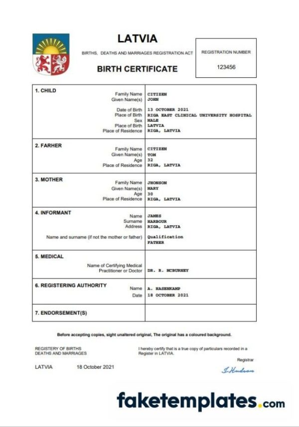 fake Latvia vital record birth certificate download Word and PDF template | completely editable