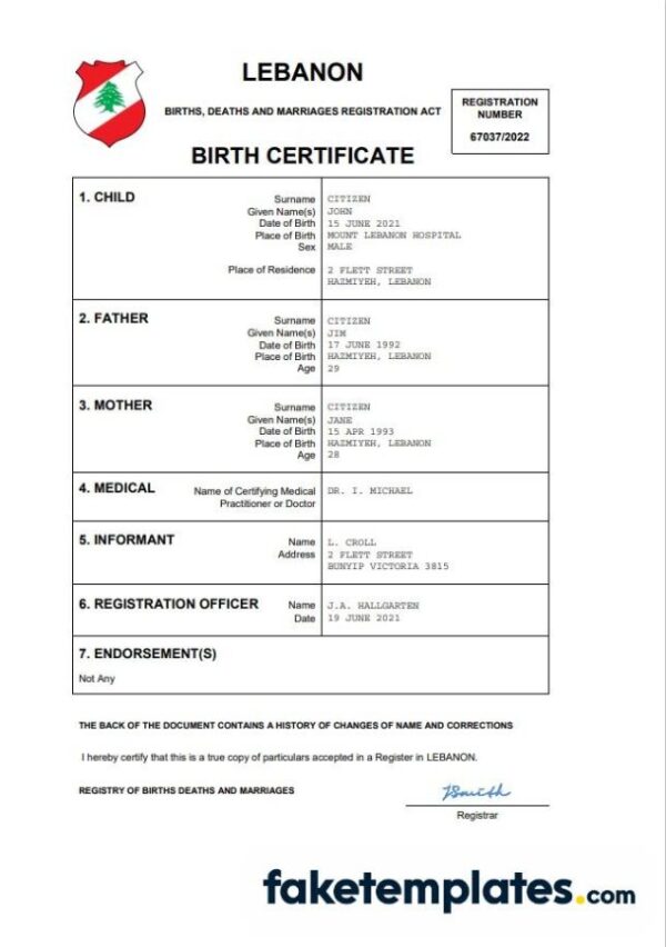 fake Lebanon vital record birth certificate download Word and PDF template | completely editable