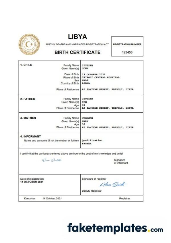 fake Libya birth certificate download Word and PDF template | completely editable