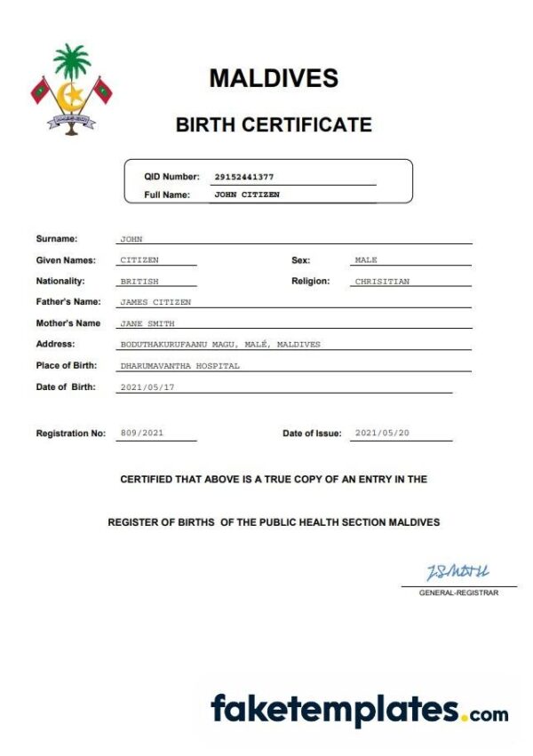 fake Maldives birth certificate download Word and PDF template | completely editable