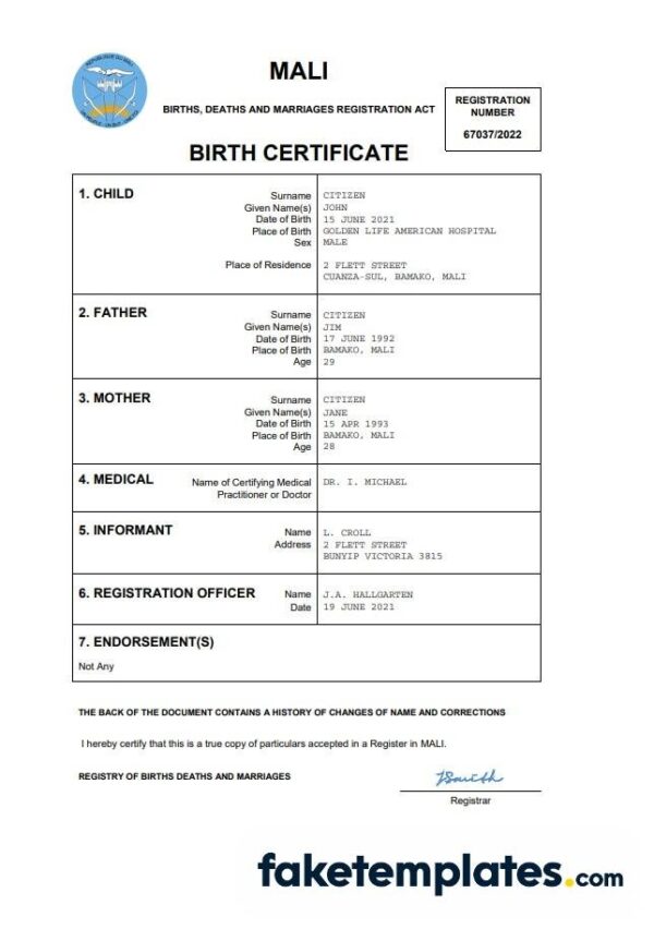 fake Mali vital record birth certificate download Word and PDF template | completely editable