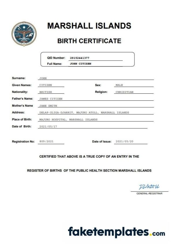 fake Marshall Islands vital record birth certificate download Word and PDF template | completely editable