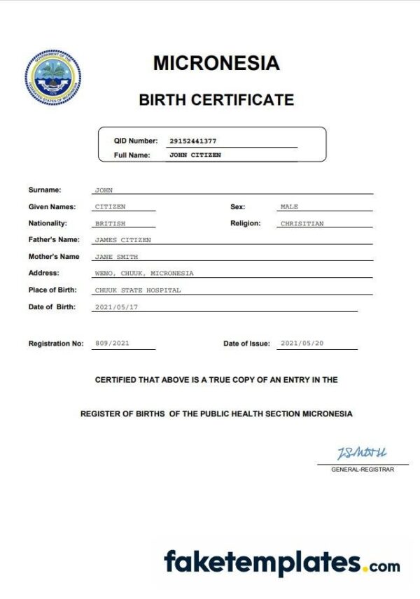 fake Micronesia vital record birth certificate download Word and PDF template | completely editable