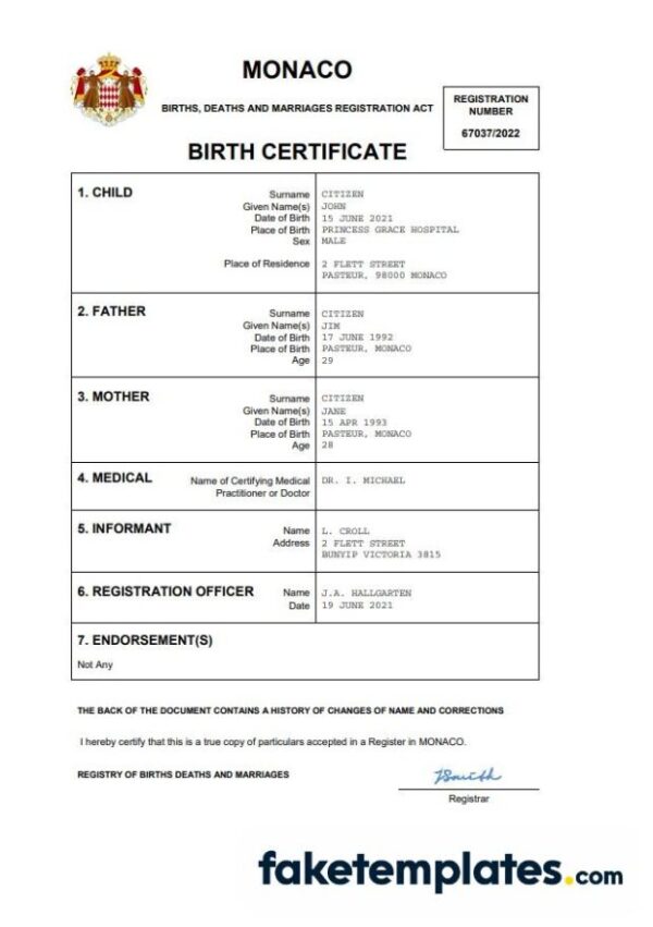 fake Monaco vital record birth certificate download Word and PDF template | completely editable