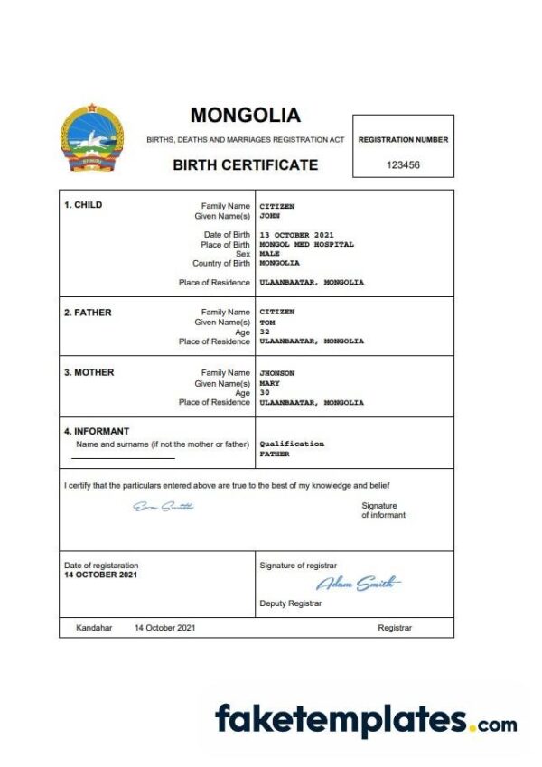 fake Mongolia birth certificate download Word and PDF template | completely editable