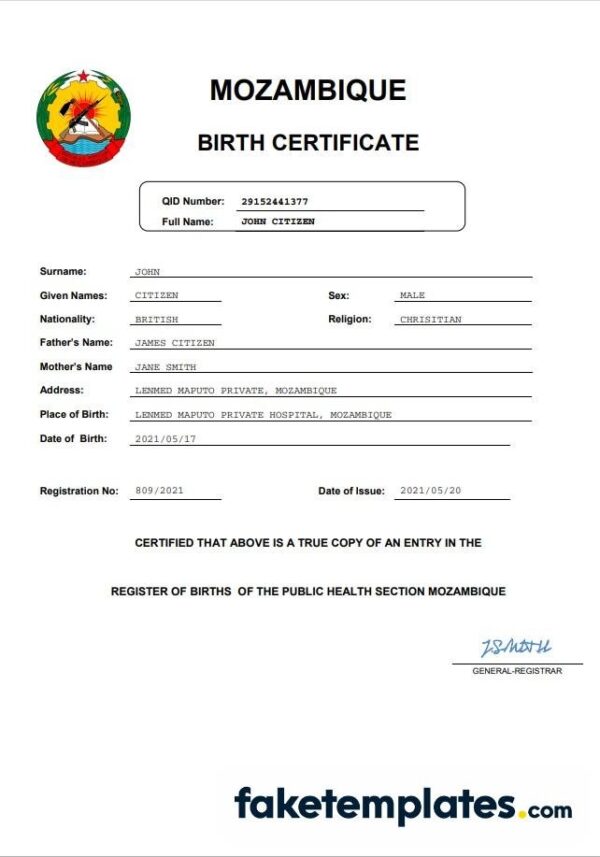 fake Mozambique birth certificate download Word and PDF template | completely editable