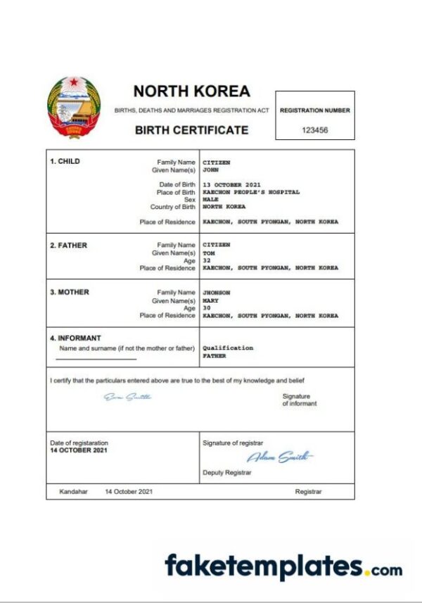 fake North Korea birth certificate download Word and PDF template | completely editable