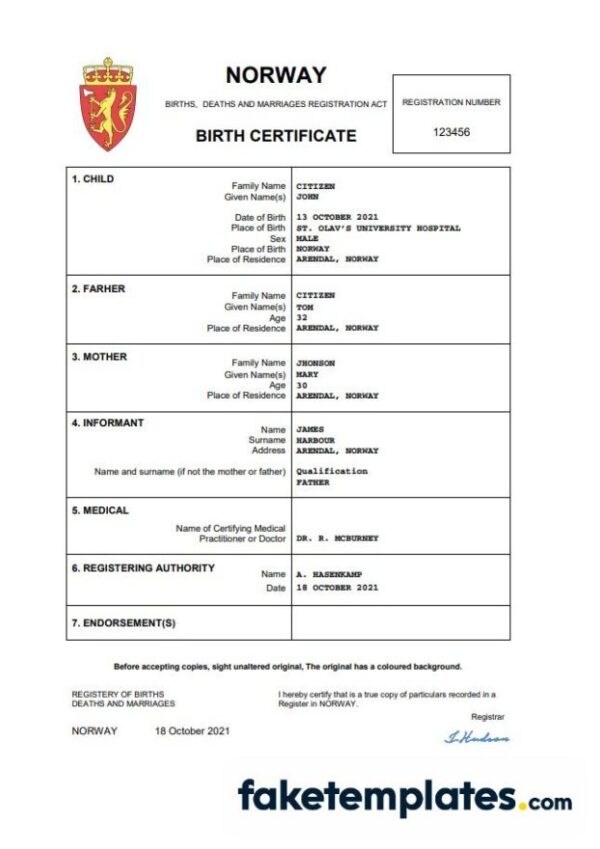 fake Norway birth certificate download Word and PDF template | completely editable