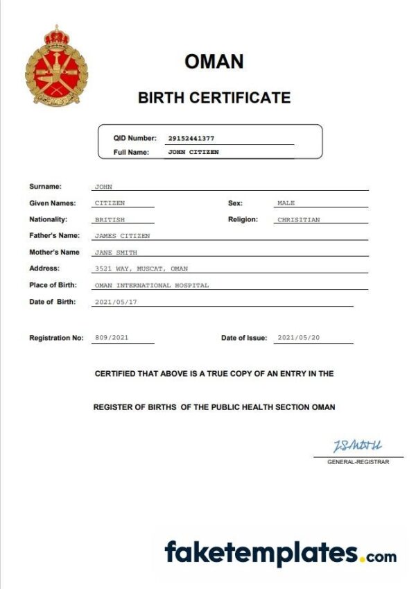 fake Oman birth certificate download Word and PDF template | completely editable