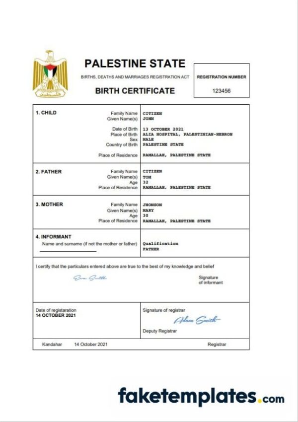 fake Palestine vital record birth certificate download Word and PDF template | completely editable