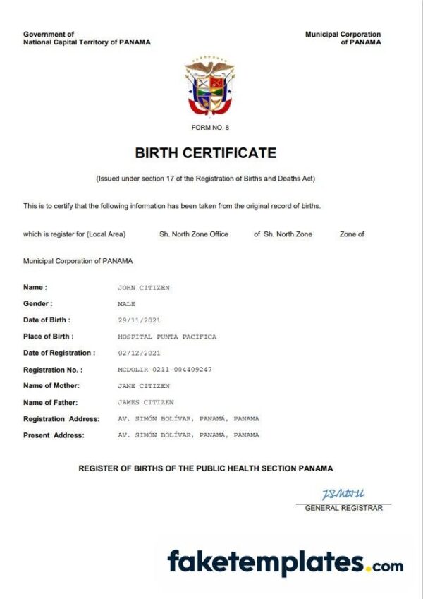 fake Panama birth certificate download Word and PDF template | completely editable