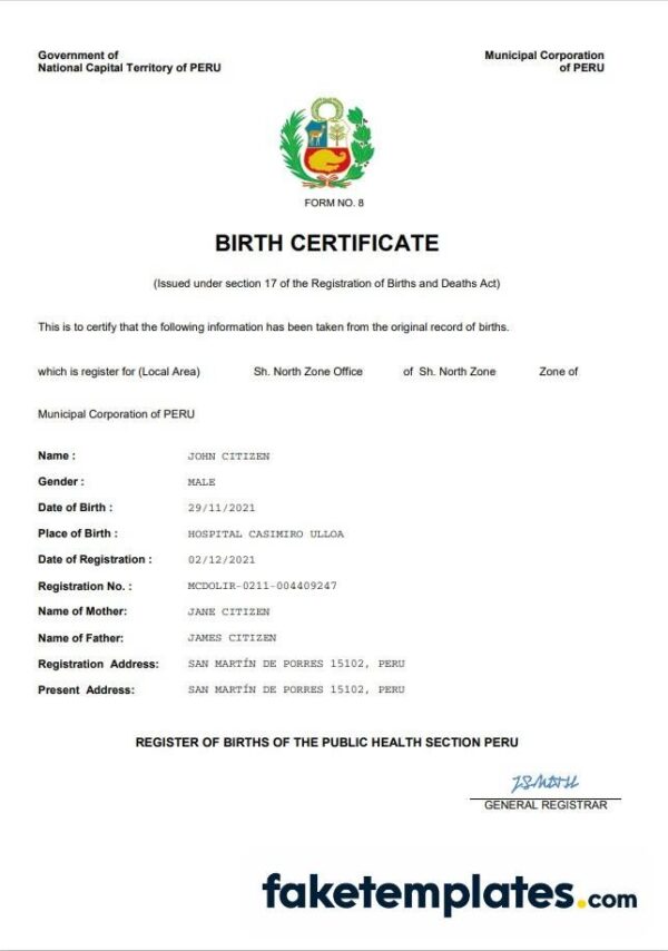 fake Peru birth certificate download Word and PDF template | completely editable