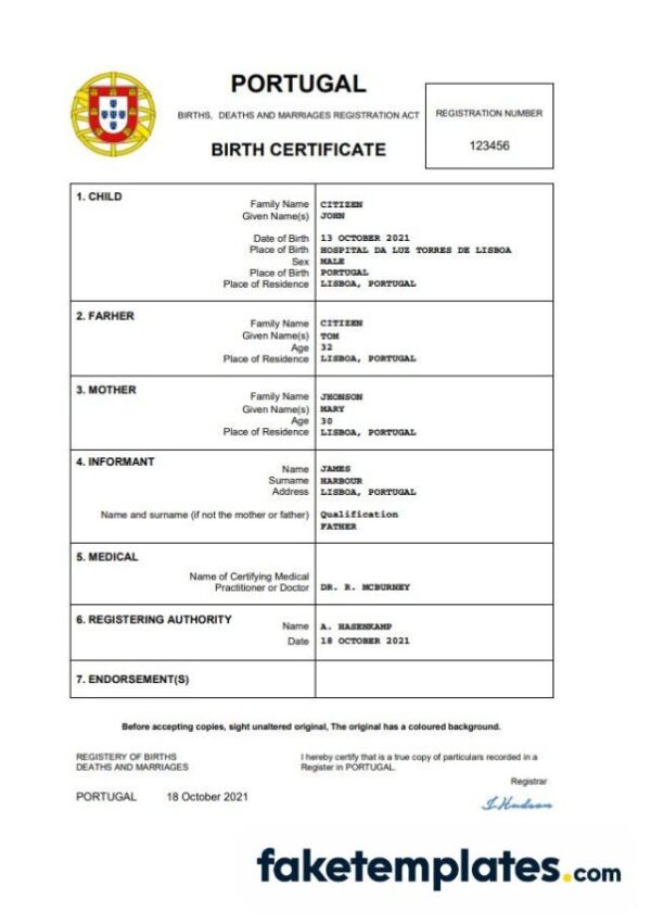 fake Portugal birth certificate download Word and PDF template | completely editable