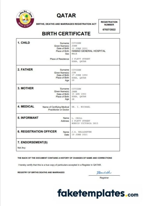 fake Qatar vital record birth certificate download Word and PDF template | completely editable