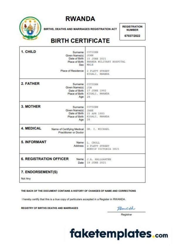 fake Rwanda birth certificate download Word and PDF template | completely editable