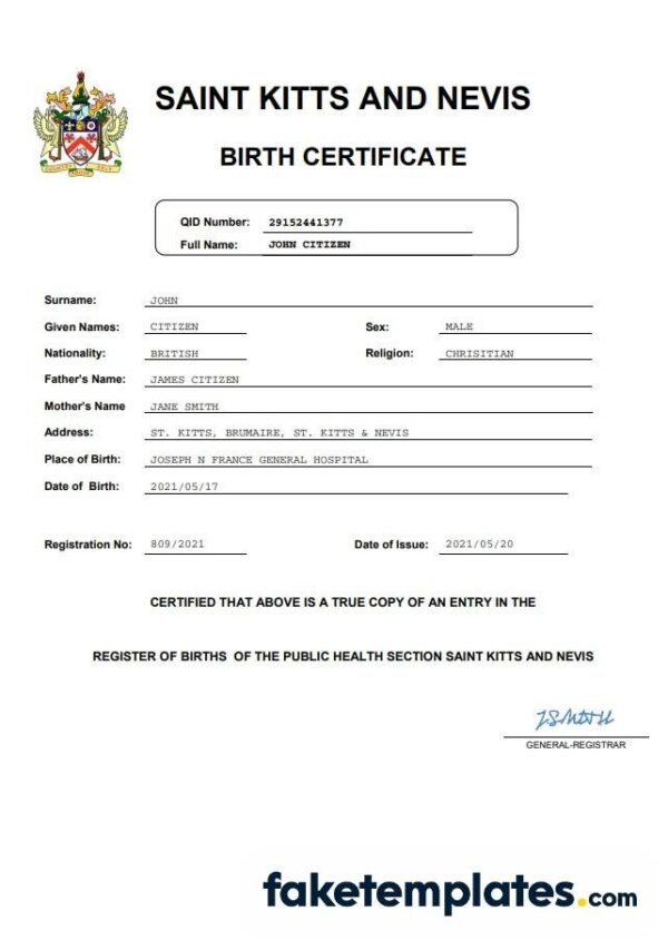 fake Saint Kitts and Nevis vital record birth certificate download Word and PDF template | completely editable