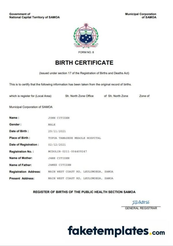 fake Samoa vital record birth certificate download Word and PDF template | completely editable