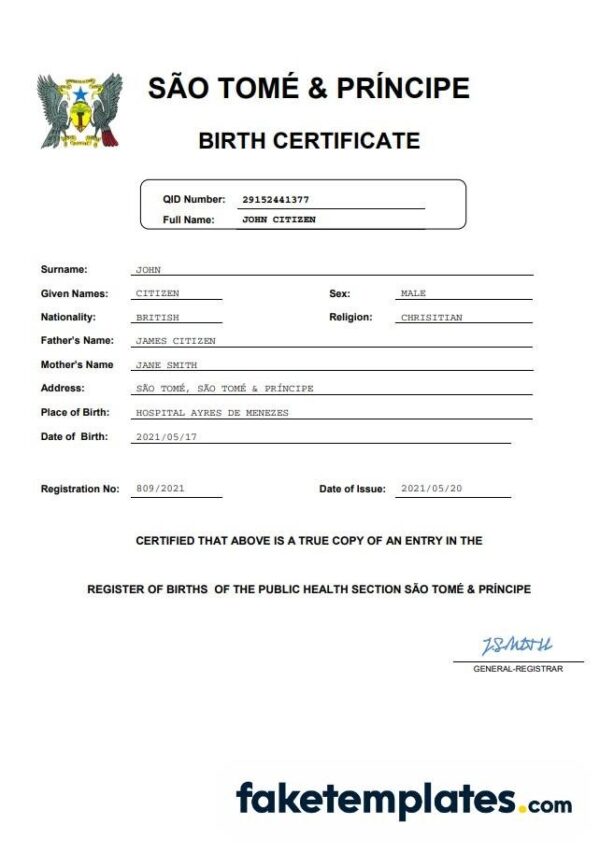 fake Sao Tome & Principe vital record birth certificate download Word and PDF template | completely editable