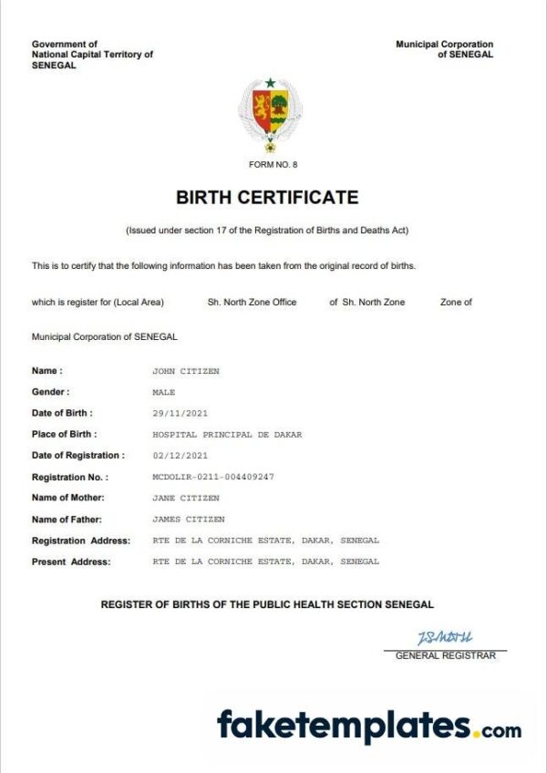 fake Senegal vital record birth certificate download Word and PDF template | completely editable