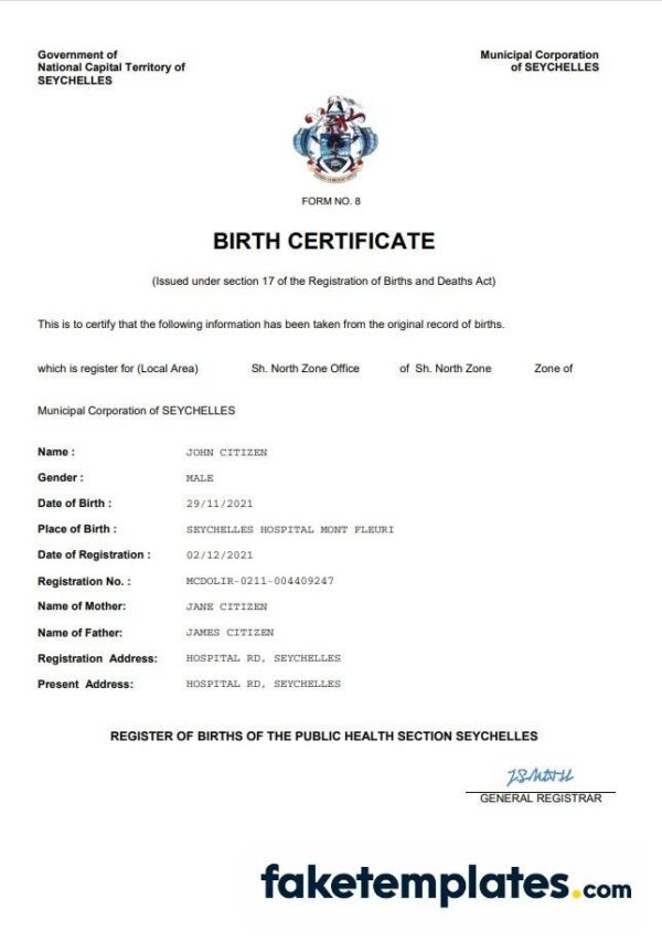 fake Seychelles vital record birth certificate download Word and PDF template | completely editable