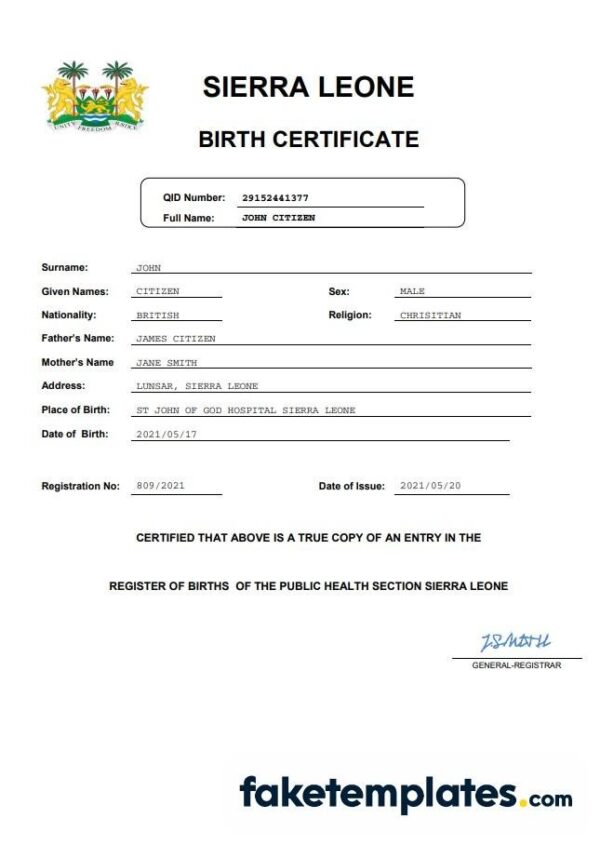 fake Sierra Leone birth certificate download Word and PDF template | completely editable