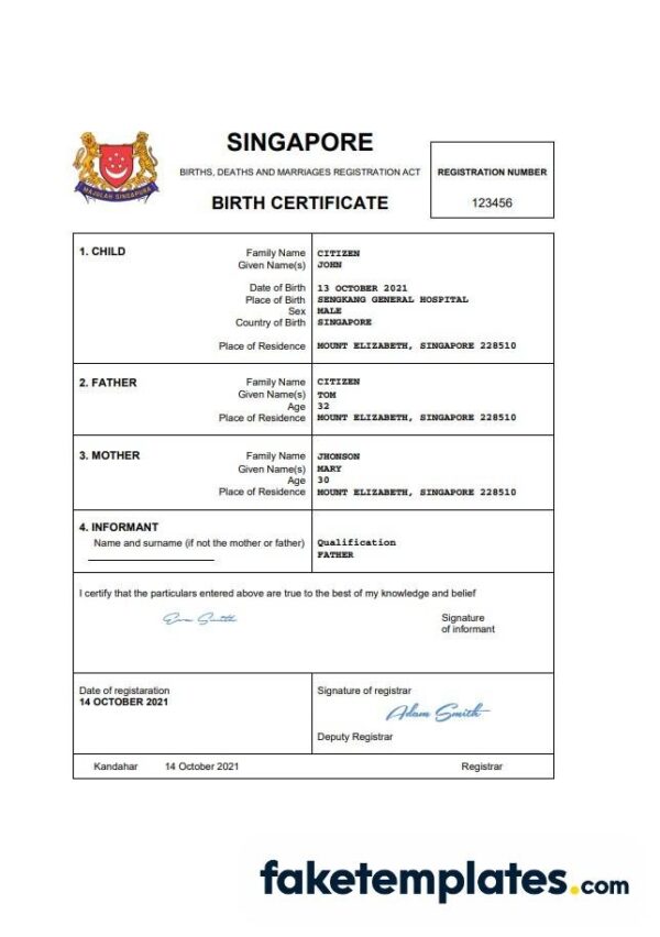 fake Singapore vital record birth certificate download Word and PDF template | completely editable