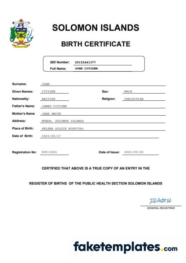 fake Solomon Islands vital record birth certificate download Word and PDF template | completely editable